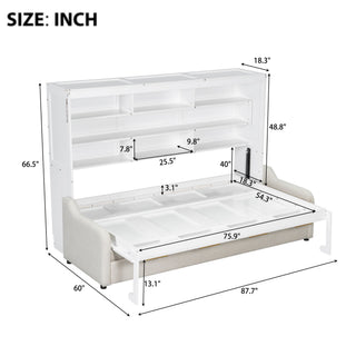 Murphy Cabinet Bed With Folding Sofa, Built In Storage Shelves And LED Light