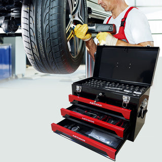 Portable 3 Drawer Steel Toolbox, 4 Layers Of Tools With Metal Latches, With Storage Tray And Carrying Handle
