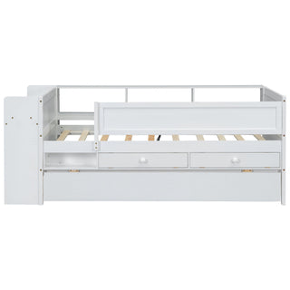 Twin Daybed With Drawers, Trundle, Headboard Storage, Study Desk, And USB Charging Station - White
