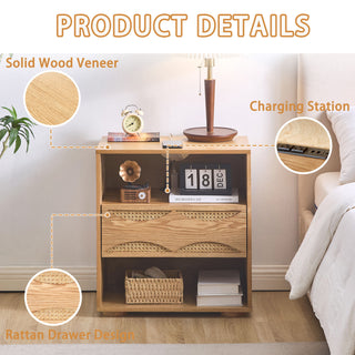 Nightstand With USB Ports & Outlet Hole, End Table With Drawer