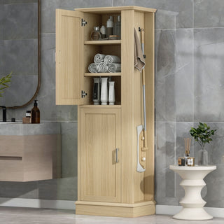 Tall Freestanding Bathroom Storage Cabinet With Adjustable Shelves And Side Hooks