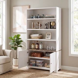Tall Bookcase Storage Cabinet With 3 Open Shelves & Fluted Double Doors