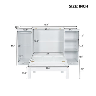 Twin Size Murphy Bed With Bedside Shelves And Wardrobe - White