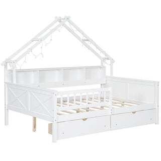 House Style Platform Bed With LED Lights, Storage Shelves, Drawers, And Guardrail
