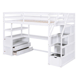 Loft Bed With Desk, Shelves, 2 Drawers, Storage Staircase