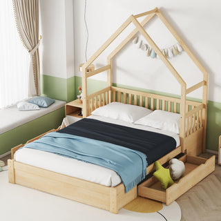 House Style Platform Bed With Guardrail And 2 Drawers