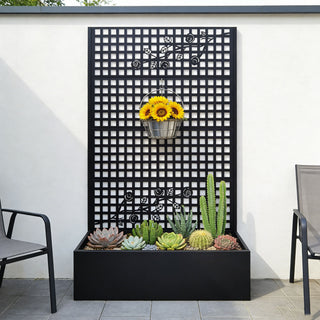 Planter Box With Trellis, Outdoor Raised Garden Bed With Privacy Screen Lattice Panels For Patio - Black