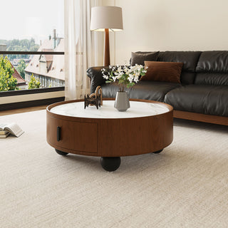 Round Coffee Table With Ball Feet, Pull Handle Storage Drawer - Bouguer Walnut / Brown