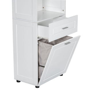 Tall Bathroom Cabinet With Tilt-Out Laundry Basket And Upper Storage