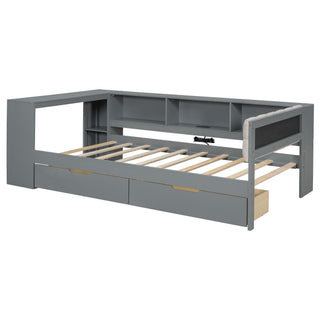 Upholstered Headboard Platform Bed With Storage Shelves, Drawers, Charging Station