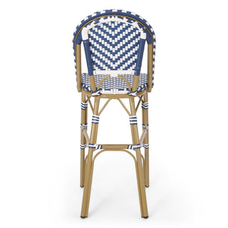 Outdoor Rattan French Barstool Set,, Bamboo, Seat Height - Navy Blue / White
