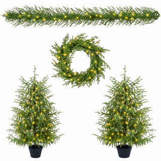4 Piece Christmas Artificial Trees With Sturdy Bases, Pre Lit Wreath & Garland, Warm LED Lights, Indoor Holiday Decor - Green