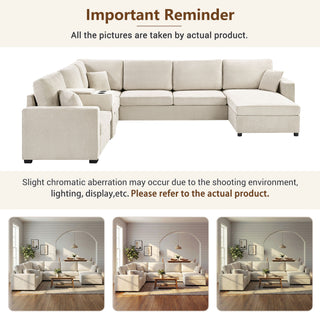Modular 5 Seat U-Shape Sectional Sofa With Chaise Lounge, Built In Cup Holders And Storage Drawer