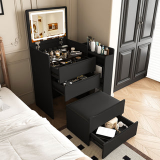 Flip Mirror Vanity Desk With Adjustable LED Lights & Stool For Bedroom