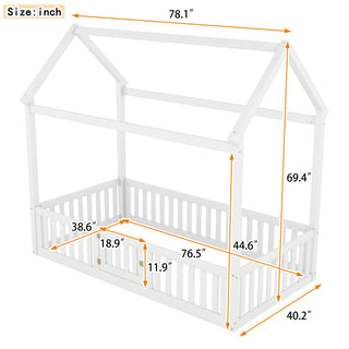 Wood House Bed With Fence And Door
