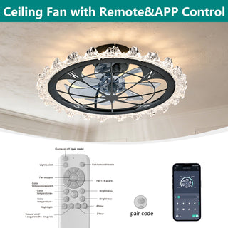 Caged Ceiling Fan With Remote Controlled Dimmable LED Lights, Flush Mount Fan, Low Profile Design - Matte Black