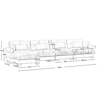 Modern Sectional Sofa With Ottoman, Round Bolster Armrests, Waist And Throw Pillows
