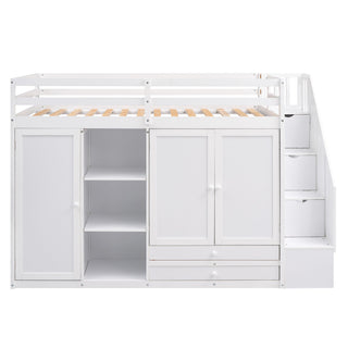 Loft Bed With 3 Shelves, 2 Wardrobes, 2 Drawers, Ladder Storage