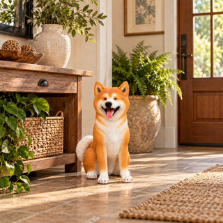 Shiba Inu Dog Statue, Sitting Animal Sculpture For Home Garden - Yellow / White