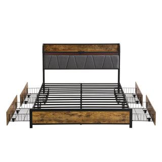 Contemporary Bed Frame With Storage Headboard, Charging Station, LED Lights
