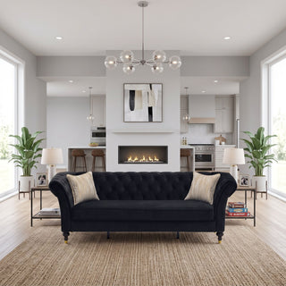 3 Seater Button Tufted Sofa With Rolled Arms, Living Room Couch With 2 Pillows - Black