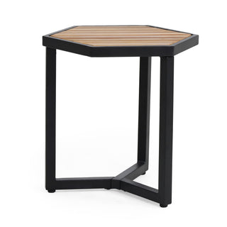 Outdoor Side Table With Iron Base And Slatted Top - Brown