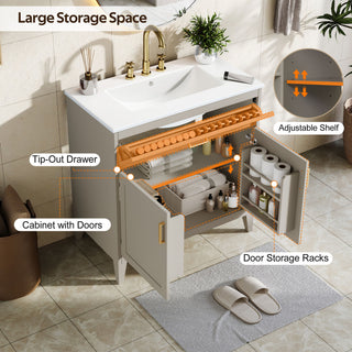 30" Bathroom Vanity With Sink Top, Soft Close Double Doors & Tip Out Drawer, Adjustable Interior Shelf, Door Mounted Organizers - Beige
