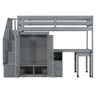 Loft Bed With Stairs, Bookshelf, Drawers, Desk & Wardrobe, Space Saving Multifunctional Furniture