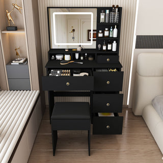 Vanity Desk With Mirror, 3 Color Lighting And Stool