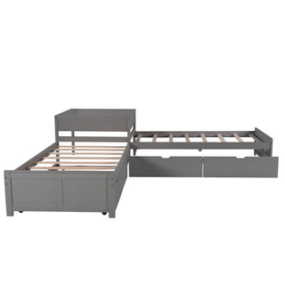 L Shaped Platform Bed With Trundle And Drawers Linked With Built In Desk
