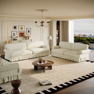 Luxuriously Comfortable Cloud Couch With Elegant Rolled Arms & Pleated Skirt Design