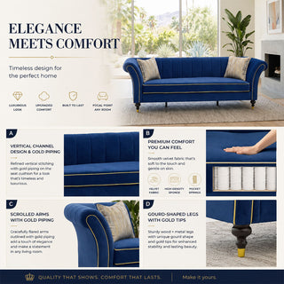 3 Seater Sofa With Rolled Arms, Vertical Channel Tufted Backrest
