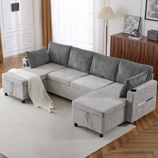 Sectional Sofa Bed With Pull Out Sleeper, USB Ports, Cup Holders