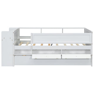 Twin Daybed With Drawers, Trundle, Headboard Storage, Study Desk, And USB Charging Station - White