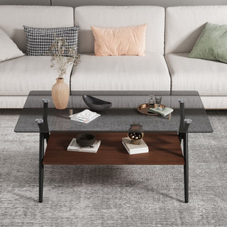 Rectangle Coffee Table With Tempered Glass Top And Shelf, Modern Table For Living Room
