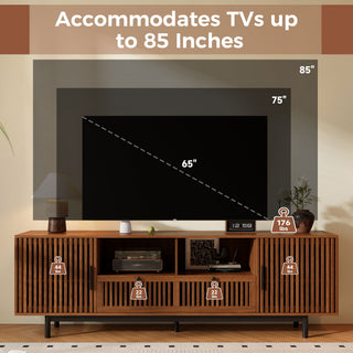 TV Stand, Entertainment Center With Slatted Doors, Cable Management, Soft Closing Hinges - Walnut