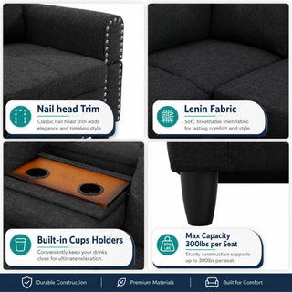 L - Shaped 3 Piece Sectional Sofa With Chaise, Storage Ottoman & Cup Holders