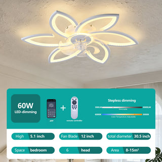 30" Flower 6 Speed Ceiling Fan With Remote Controlled LED Lights, Low Profile Flush Mount Fan
