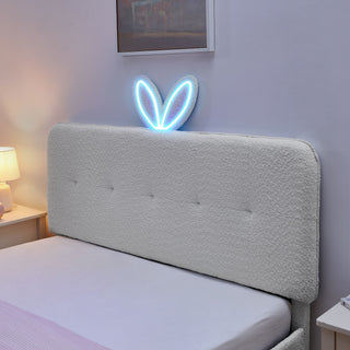 Upholstered Bed With Oversized Rabbit Ear Headboard, LED Lights & 4 Storage Drawers
