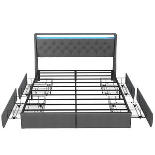 Queen Platform Bed Frame With RGB LED & Charging Station, Storage Headboard - Gray
