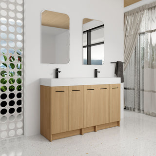 Double Sink Bathroom Vanity With Extra Large Storage, Integrated Sink, Freestanding Cabinet, Soft Close Doors - Glossy White / Light Oak