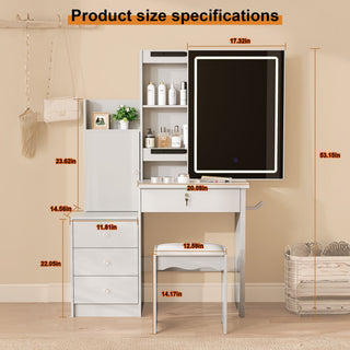 Vanity Desk Set With Sliding Lighted Mirror, 4 Drawer Makeup Dressing Table With 9 Storage Spaces, Hidden Compartments & Cushioned Stool, Beauty Furniture For Bedroom - White