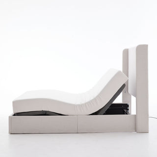 Caron - Queen Size Upholstered Wingback Bed With Adjustable Base Bundle Set - Ivory