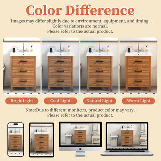 24'' Bathroom Vanity With Basin Sink, 3 Drawer Storage Cabinet - Natural Wood