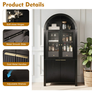 Fluted Tall Arched Pantry Cabinet With Adjustable Shelves, Glass Door & Hidden Drawer For Kitchen