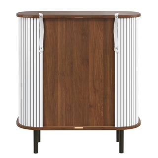 Fluted Wine Bar Cabinet With 8 Grid Wine Rack, 5 Level Adjustable Shelves, 2 Glass Holders