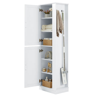 Tall Freestanding Bathroom Storage Cabinet With Adjustable Shelves And Side Hooks
