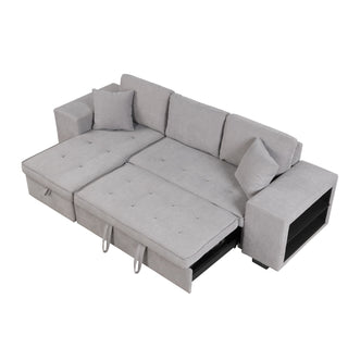 Modern L-Shape 3 Seat Reversible Sectional Couch, Pull Out Sleeper Sofa With Storage Chaise And 2 Stools For Living Room Furniture Set
