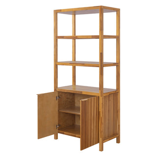 Tall Storage Bookcase Cabinet With 2 Open Shelves & Double Doors, Freestanding Shelving Unit - Natural