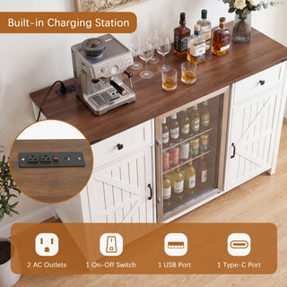 Coffee Bar With Mini Fridge Space & Built In Charging Station, Large Bar Cabinet With Drawers & Adjustable Shelves For Kitchen - White